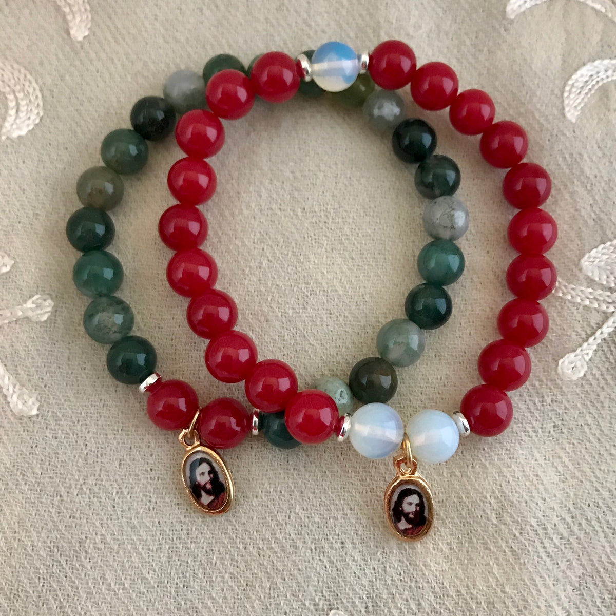 Christ Charm Bracelet, Moss Agate Supreme Swan
