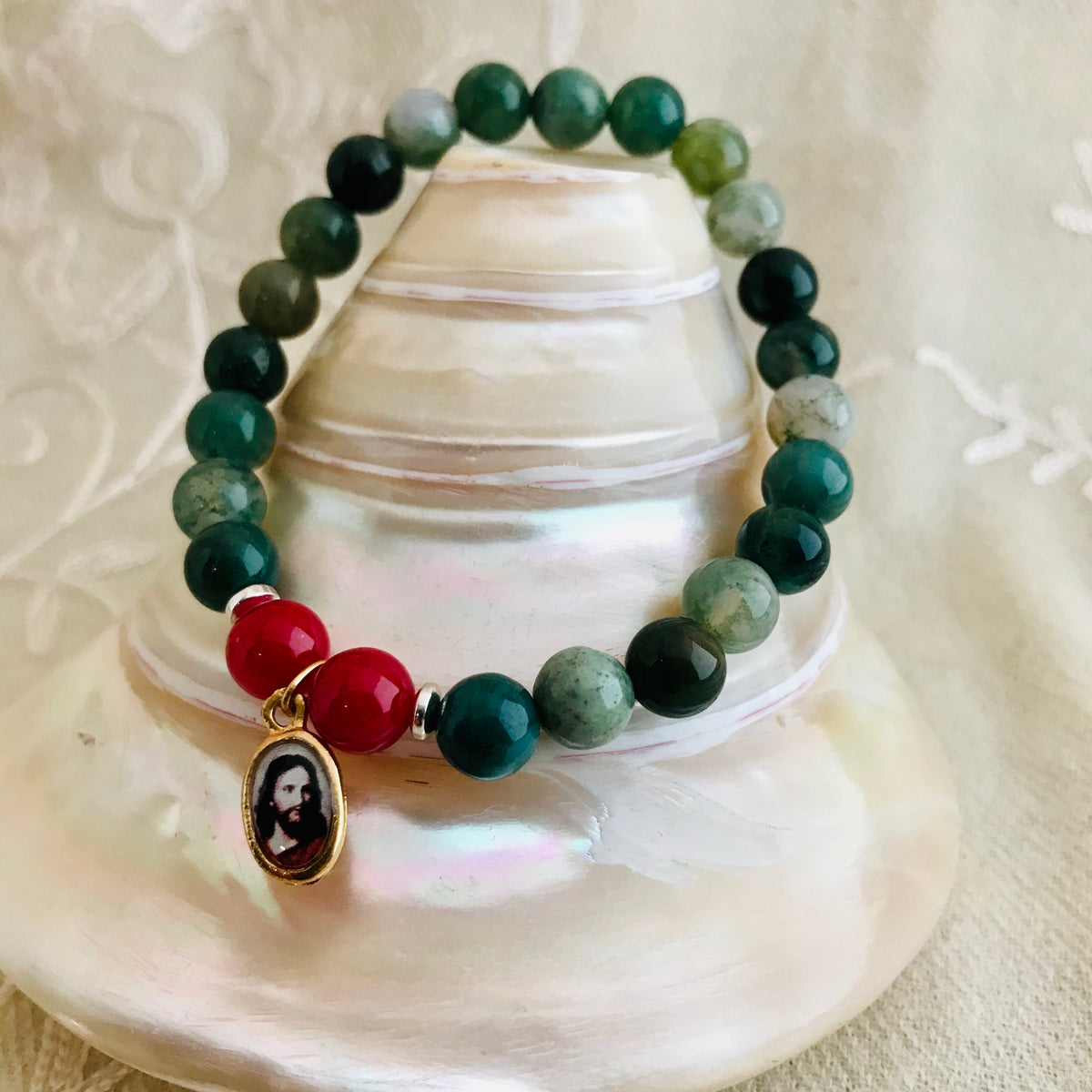 Christ Charm Bracelet, Moss Agate Supreme Swan